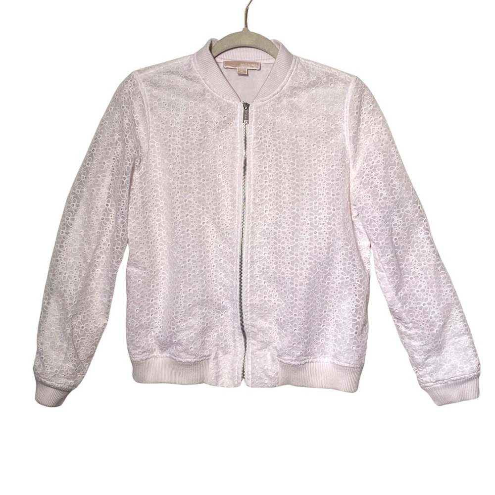 Michael Kors White Floral Embroidered Bomber Jacket Eyelet Size M